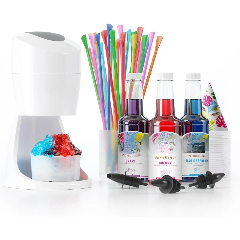 Shaved Ice Maker Kit   Blue Raspberry Syrups - 25 Cups, Spoon Straws & Bottle Pourers - Silky Smooth Frozen Treat System