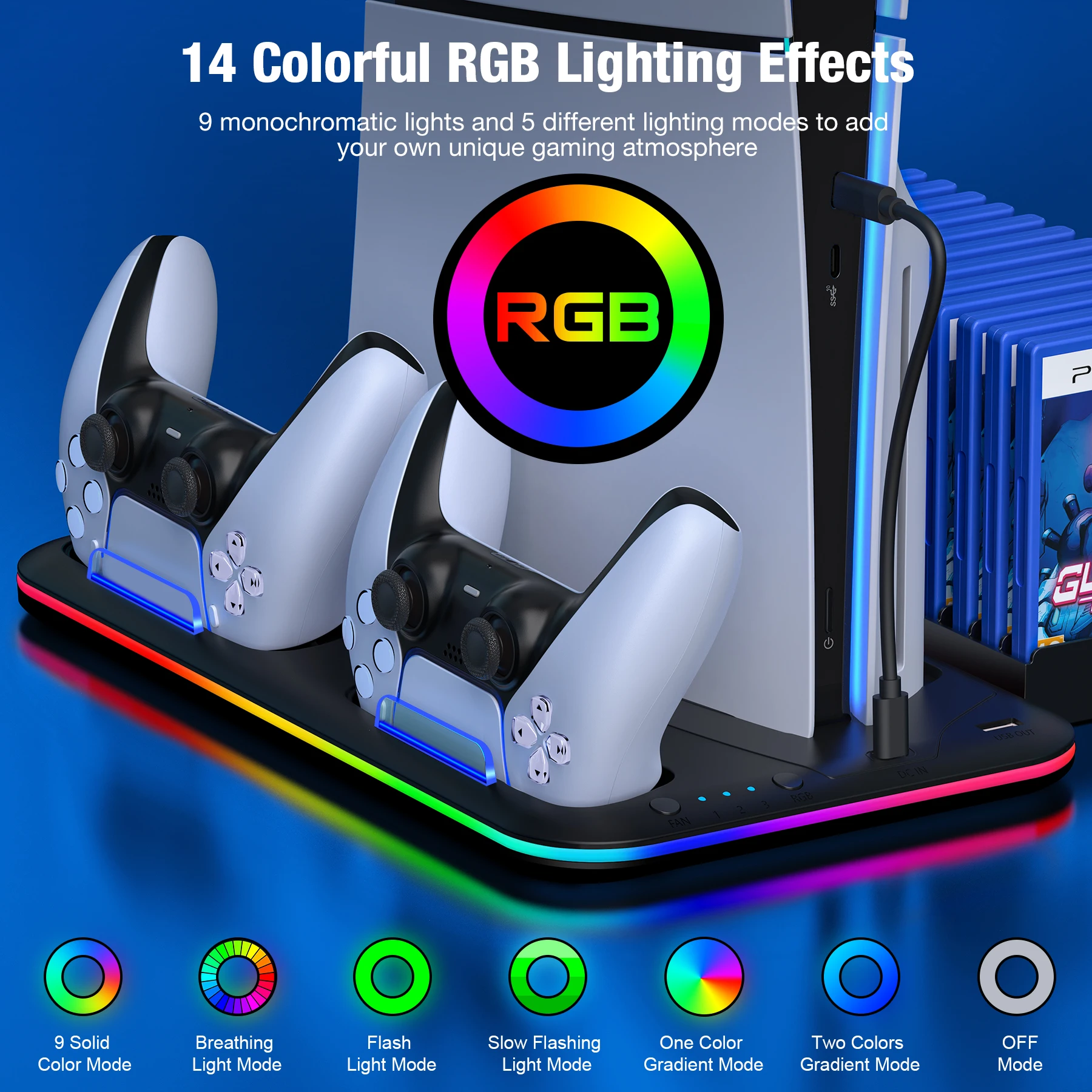 

DinoFire Vertical Cooling Stand for PS5 Slim Controller Charger For Sony Playstation 5 PS5 Console Headset Holder RGB Light