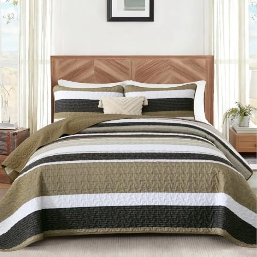 

Quilt Set Size Striped Bedding Set 3 Pcs Lightweight Bedspreads Soft Microfiber Fall White Coverlets Bed Set with 2 Pillowcases