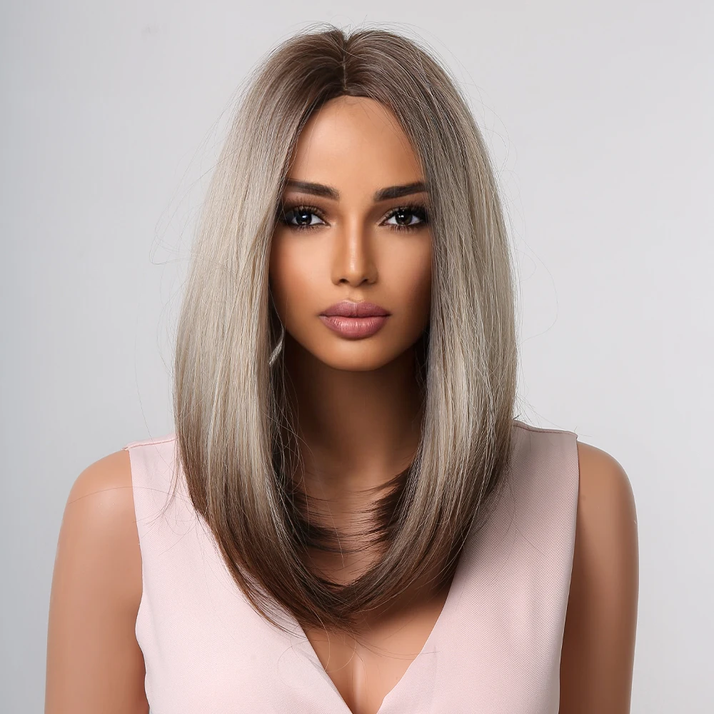 Brown Ash Blonde Straight Synthetic Wig for Black Women Ombre Brown Medium Length Party Cosplay Hair Heat Resistant Natural Wigs