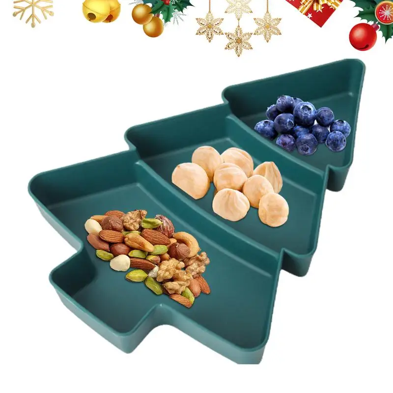 Christmas Tree Serving Platter Christmas Candy Tray 3 Compartments Holiday Dessert Divided Tray For Dried Fruits Nuts Snacks