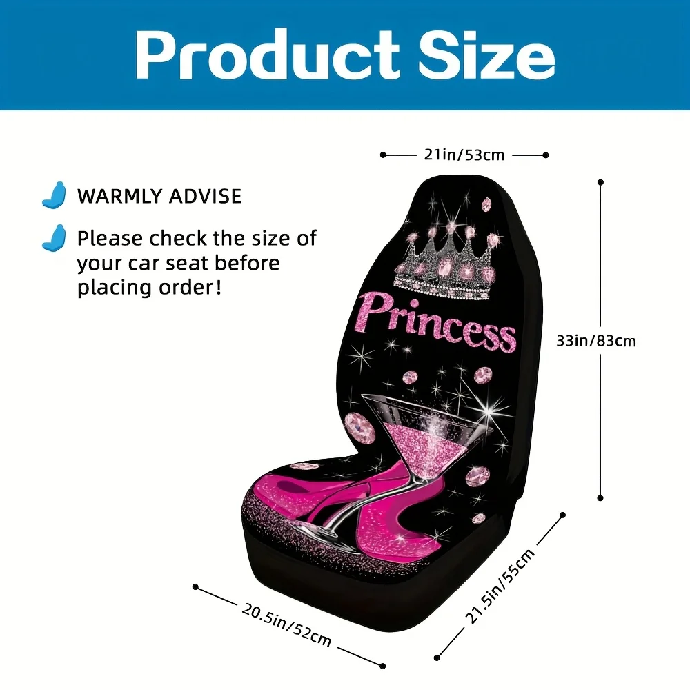 2pcs, Unique Pink Princess Glitter Heels Diamonds Pattern Car Seat Covers, Durable And Easy To Install, Suitable For Cars, SUVs,