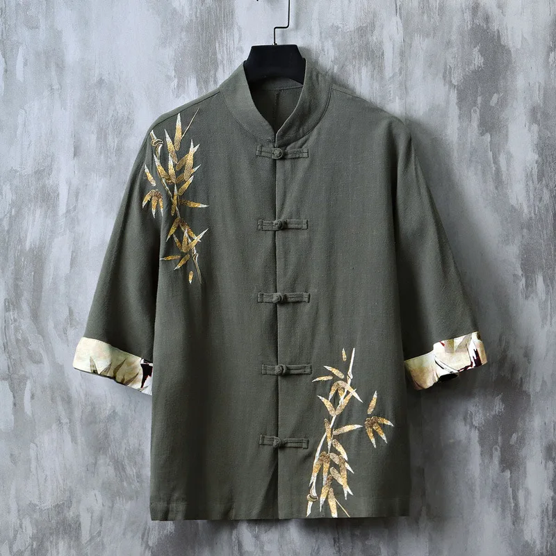 Chinese Style Tang Suit Tops Hanfu Embroidery Bamboo Leaf Shirt Loose Casual Cotton Linen Half Sleeve Coat Oriental Clothing 6XL