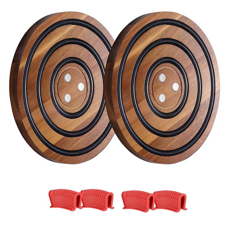 A95I-2 Pcs Magnetic Wooden Trivets, Black Silicone Rings, Magnetic Pot Holder For Le Creuset Enameled Cast Iron Dutch Oven