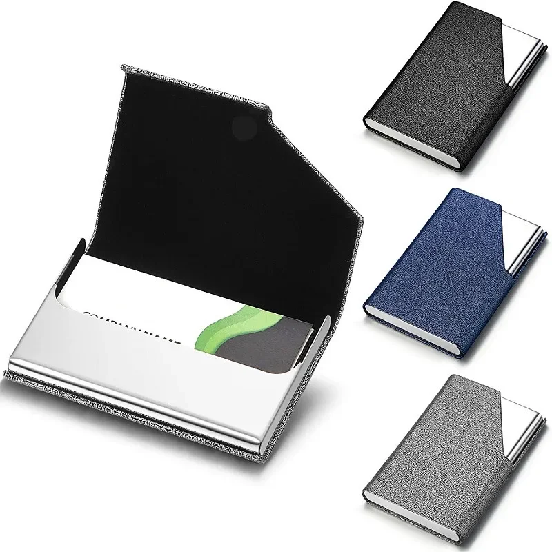 95*63mm Business Card Holder with Magnetic PU Leather Stainless Steel Business Card Case ID Name Card Case for Men Women Office