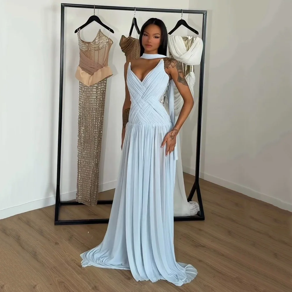 Galarity Customized Chic Evening Dresses 2026 Deep V Neck Ruched Chiffon Long Birthday Dress Elegant Women Prom Dress Party Gown