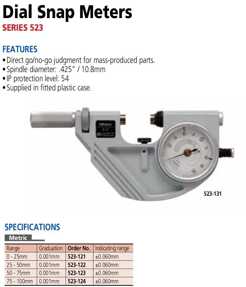 Mitutoyo 523-122 PSM-50R measuring range 25-50mm graduation 0.001mm Direct go/no-go judgment Dial Snap Micrometers