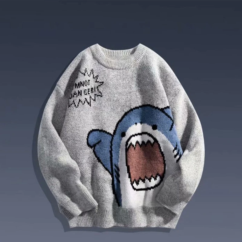 Women Men Cartoon Shark Print Sweater Round Neck Long Sleeve Oversized Pullover Top Harajuku Hip Hop Loose Knit Jumper Dropship