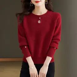 Red O-neck Sweater Bottoming Shirt Women Autumn Winter Elegant Loose Long Sleeve Knitwear All-match Temperament Knitting Tops