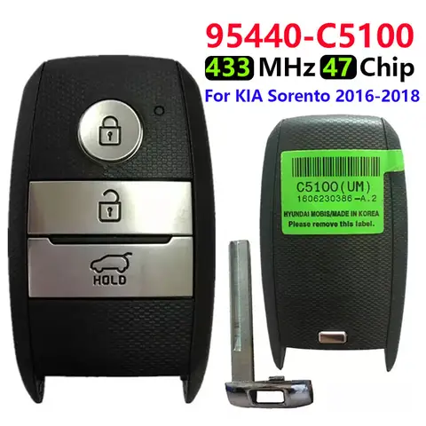 CN 051086   원본/애프터마켓 3 버튼 스마트 키 원격 2016-2018 KIA Sorento 예비 키(433MHz PN 95440-C5100 FOB-4F06 포함)