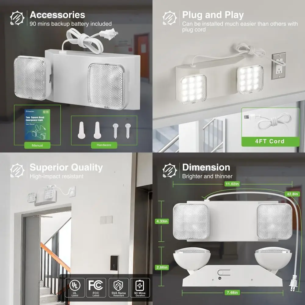 

Комплект из 4 квадратных светодиодных потолочных светильников с резервным питанием от батареи, 120 В переменного тока, регулируемые, коммерческого класса, с сертификатом UL, со шнуром длиной 4 фута.