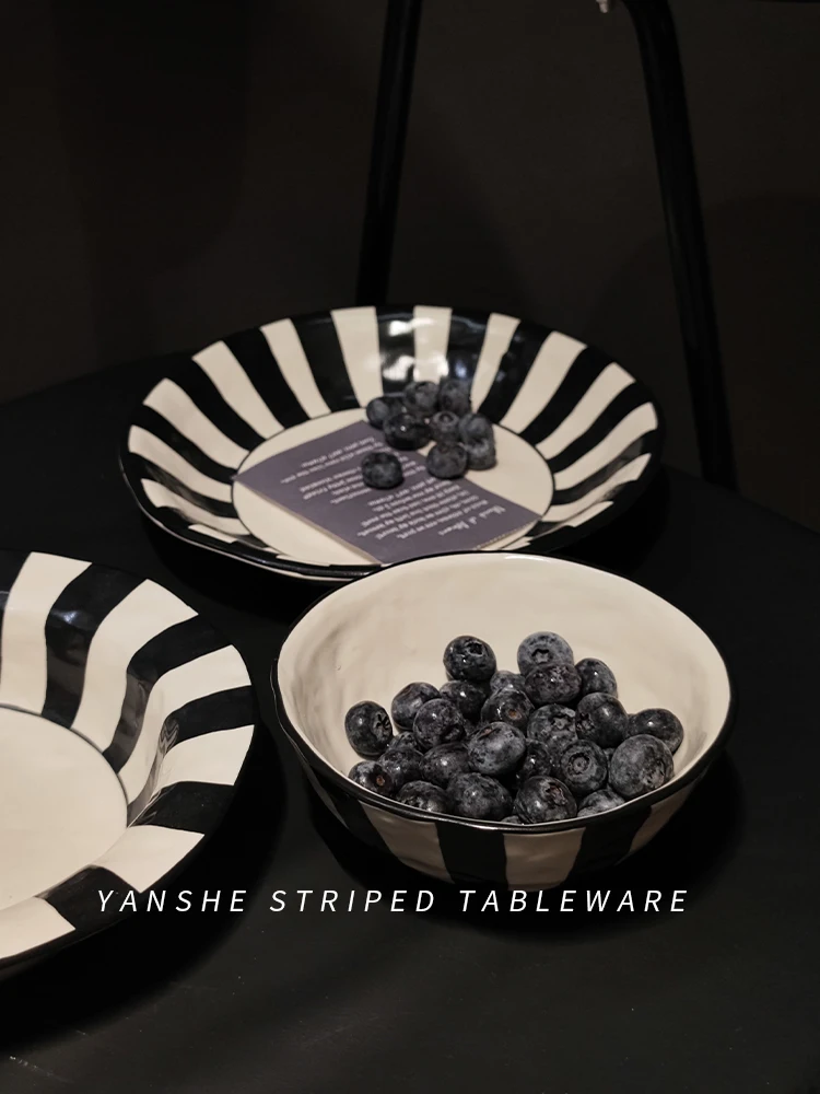 Black and White Striped Ceramic Tableware Deep Plates Straw Hat Plate Household Good-looking Dinner Plate Italian Pasta DishDish