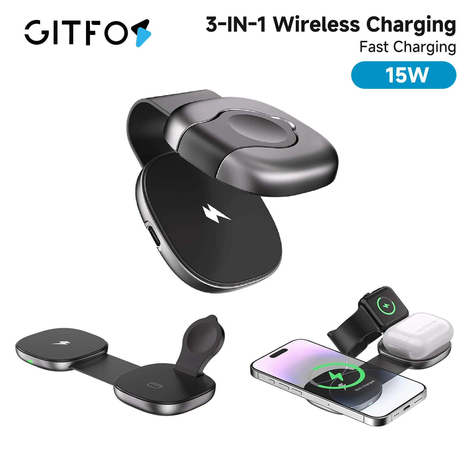 

GITFOS 3 в 1, беспроводная зарядная станция, быстрая магнитная складная дорожная зарядная станция для iPhone 17, 16, 15, 14, Apple Watch Airpods