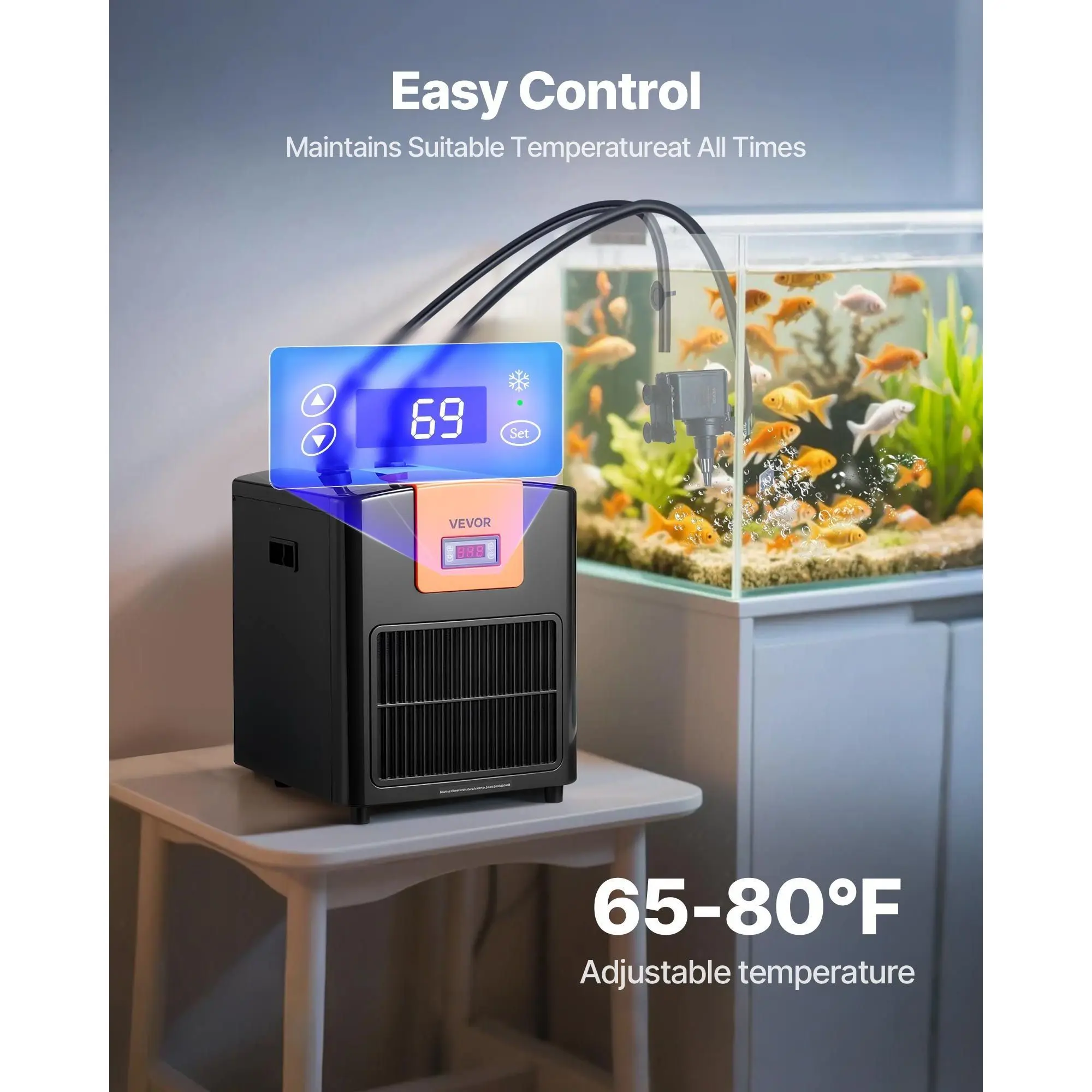 Quiet 110-Gallon Aquarium Chiller 1/3 HP Water Cooler for Hydroponics Fast Cooling Fish Tank Axolotl Coral Reef Refrigeration