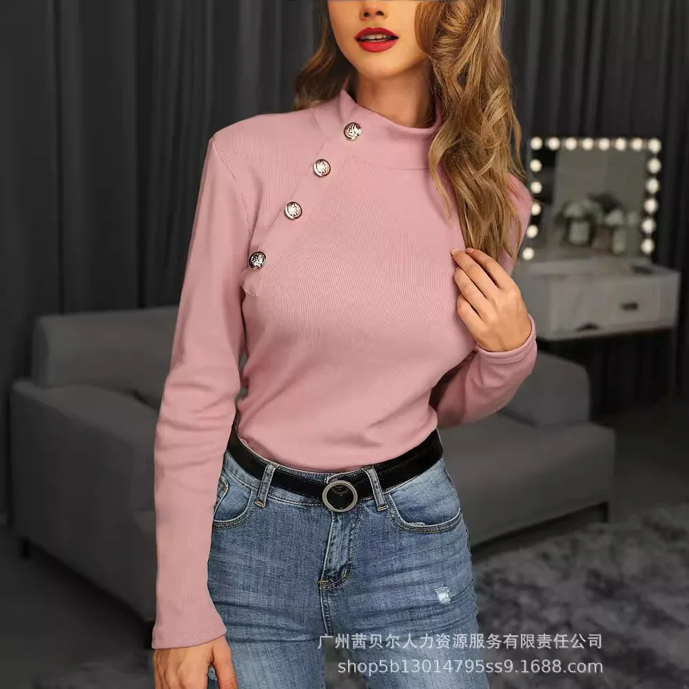 Women New Big Button Knitted Turtleneck Bottoming Shirt Top Blouse Solid Color Fashion