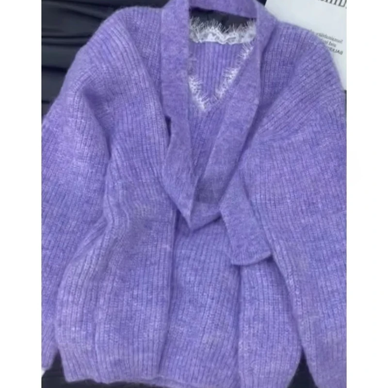 

High End Loose Style V-neck Sweater With Belt Lace Splicing Knitted Sweater Women's Spring Autumn New Style Temperament Top