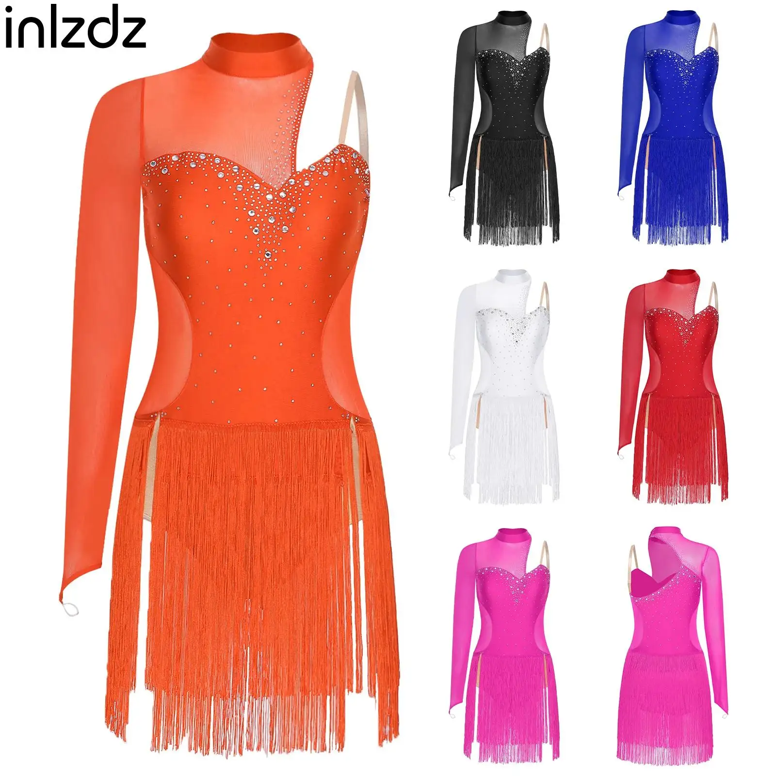 

Women's Latin Tango Dance Performance Costume Sheer Mesh Cutout Back Sparkling Rhinestones Asymmetrical Fringed Dress Dancewear