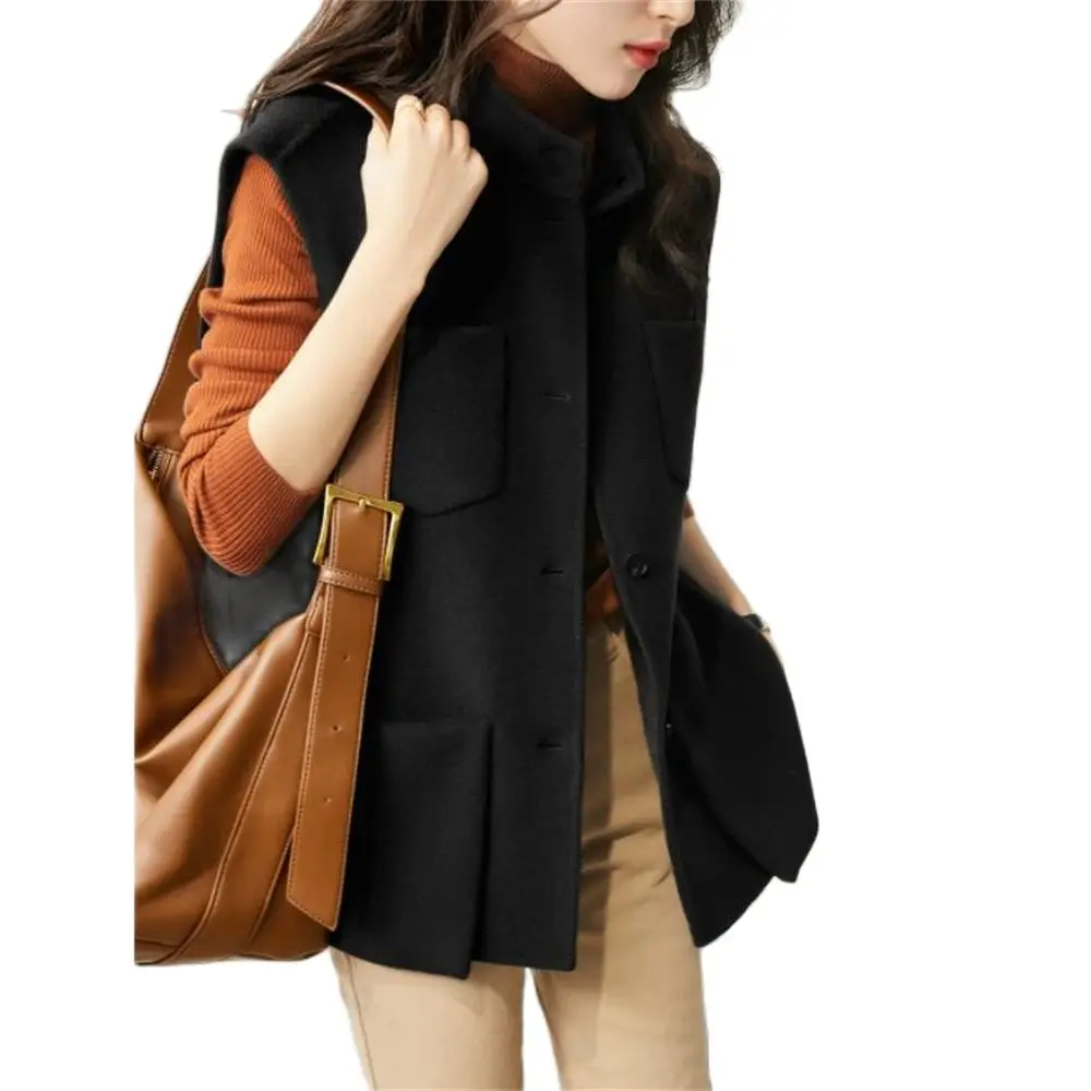 Autumn Winter Waistcoat Vintage Stand Collar Woolen Trench  Coat Ladies Sleeveless Chic Pockets All-match Tank Top Women Jacket