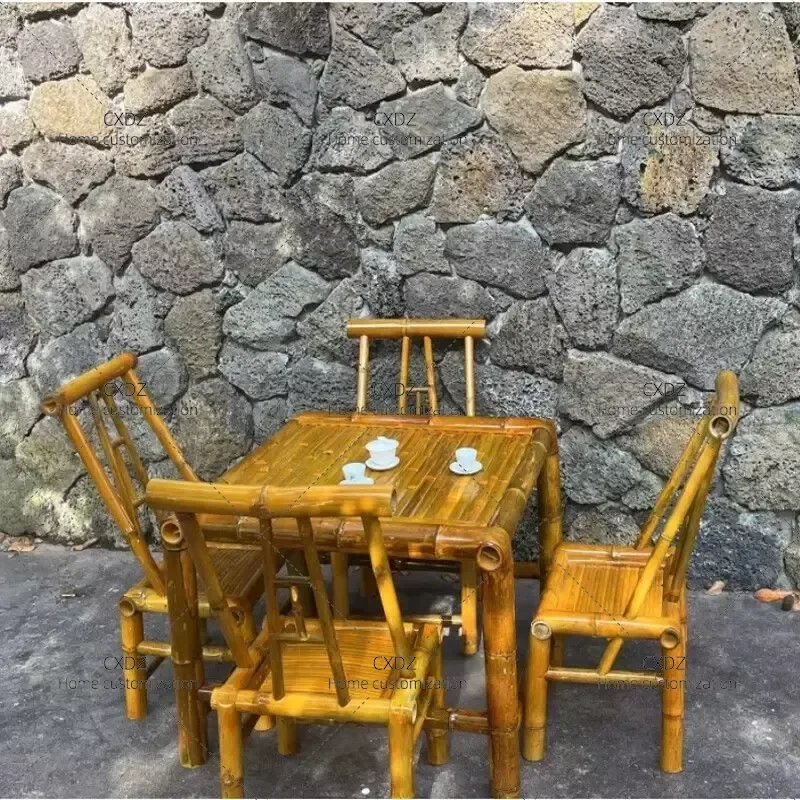 Handmade Bamboo Table and Chair Set Outdoor Courtyard Coffee Table with Fireplace Retro Premium Dining Furniture for Home Use