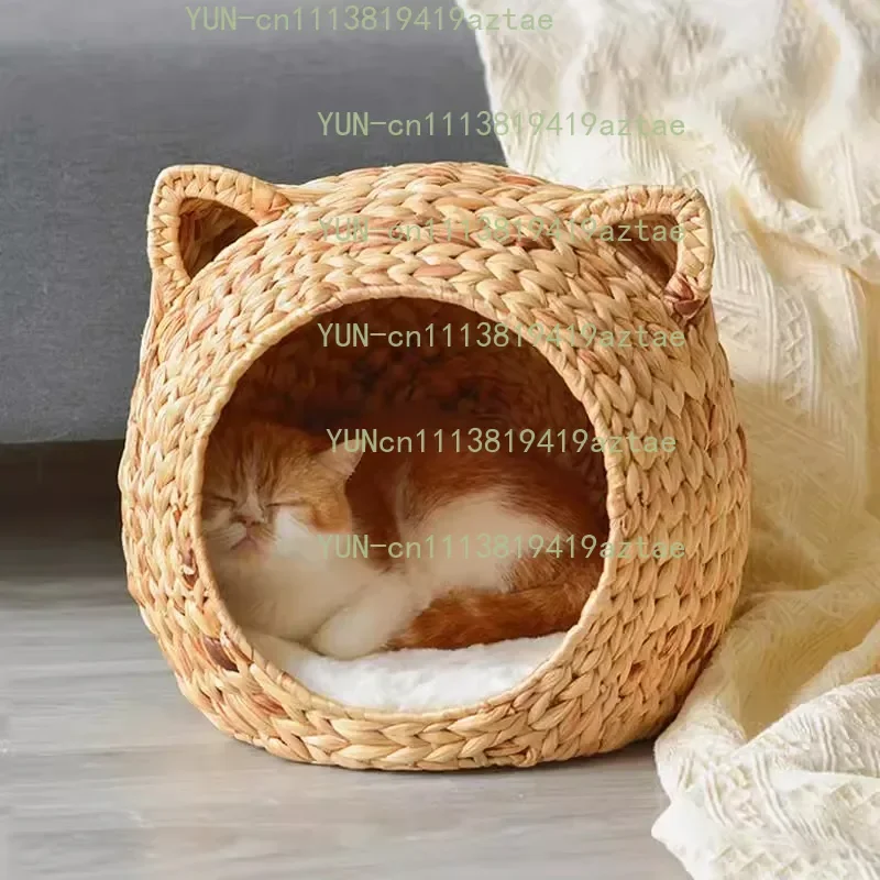 Hand Woven Cattail Cat Bed, Semi‑Enclosed Natural Cooling Pet House All Season Cat Villa