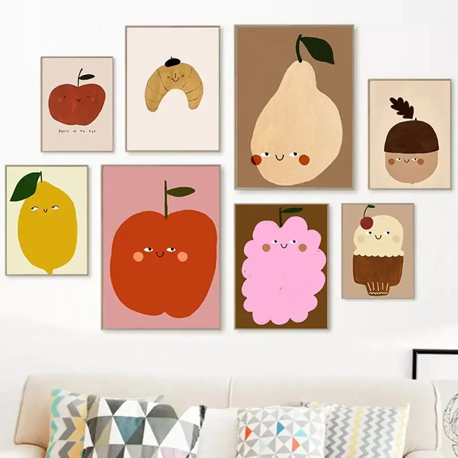 Póster De fruta De dibujos animados, manzana, pera, limón, helado, avellana, arte De pared nórdico, lienzo impreso, pintura, imágenes bohemias para cocina, bebé De
