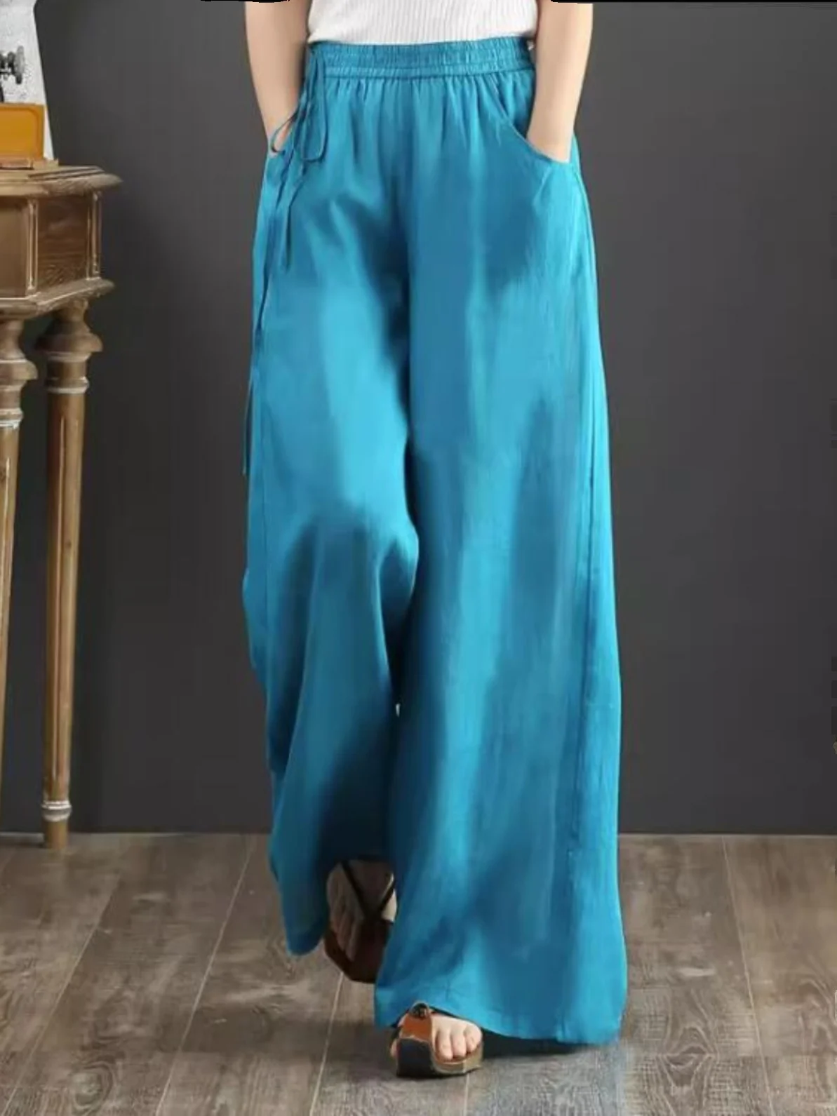 ارتفاع الخصر فضفاض مستقيم الساق عادية بنطال ذو قصة أرجل واسعة المرأة الرجعية القطن الكتان السراويل الطويلة اللحوم إخفاء السراويل تنوعا #2