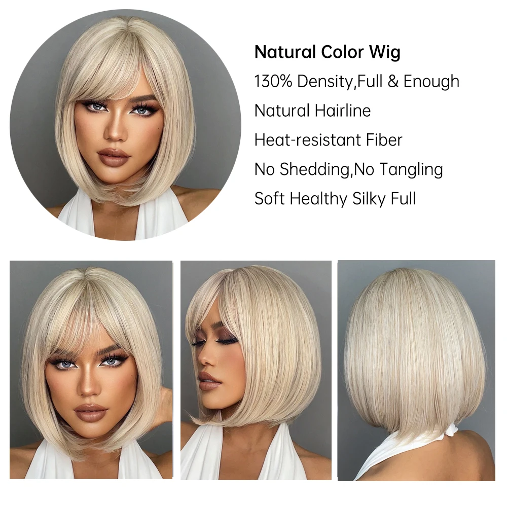 White Blonde Gray Synthetic Wigs with Bangs Short Straight Bob Hair Wig for Women Cosplay Daily Natural Hair Heat Resistant