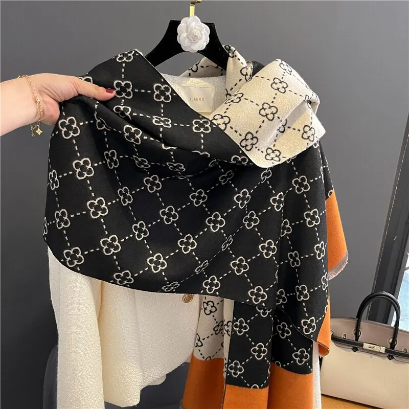 Thick Winter Poncho Women Scarf Luxury Floral Warm Shawl and Wrap Cashmere Like Pashmina Blacnket Design Stoles Bufanda Echarpe