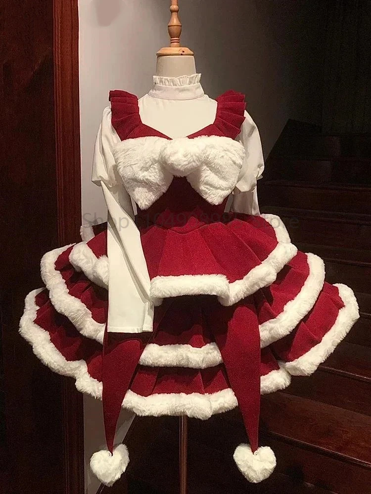 

Lolita Christmas New Year Cute Girl Bubble Sleeve Top Sweet Bow Suspender Cake Dress Set 2 Pcs Outfits Autumn and Winter New