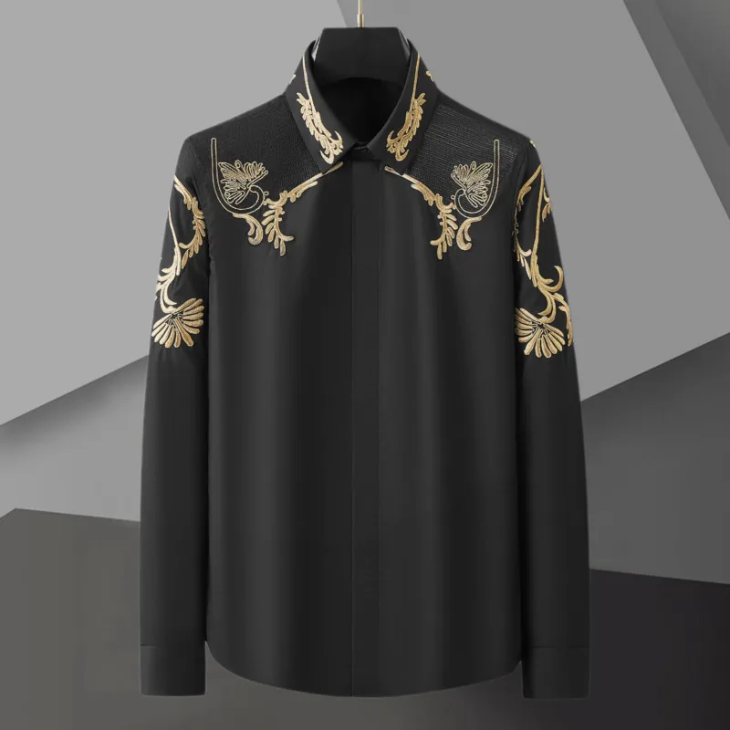 Top Quality Black Gold Vintage Embroidery Shirt For Men Casual Long Sleeve Shirt Social Streetwear Dress Camisa Social Masculina