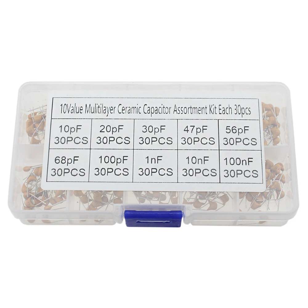 300pcs 10Values 50V 10pf 20pf 30pf 47pf 56pf 68pf 100pf 1nf 10nf 100nf Multilayer Ceramic Capacitor Assortment Kit