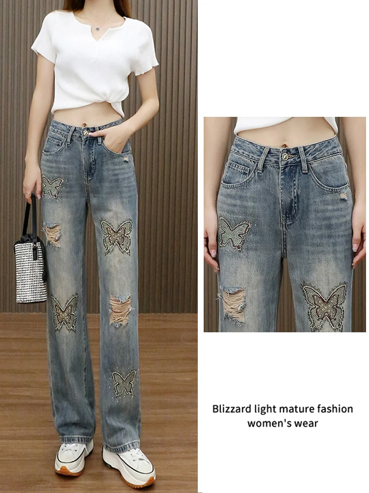 

Весна-лето, тонкие джинсы с высокой талией и тяжелой вышивкой, женские свободные тонкие прямые узкие джинсы с дырками и стразами...