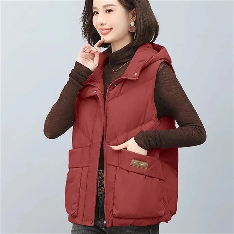 White duck down Vest Women's Hooded Winter Outerwear 2025 New Thick Middle-aged mother Vest Jacket Solid color Casual Short Top