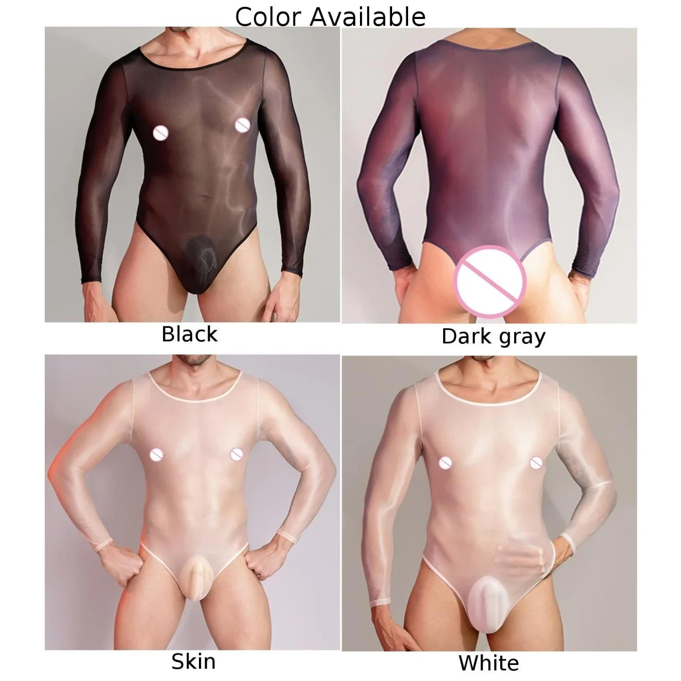 Mens Sexy Oil Glossy See Through Bodysuit Erotic Lingerie High Stretchy Thong Leotard Long Sleeve Jumpsuit Seductive Wear