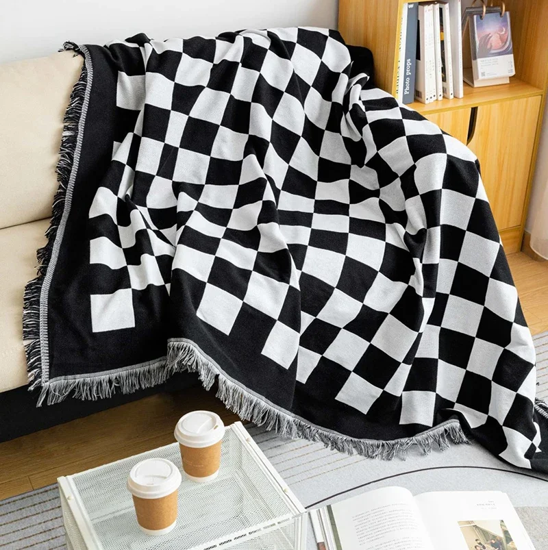 180x130cm Black and White Plaid Throw Blanket for Sofa Cover Bed Woven Cotton Bohemian Tapestry Camping Blankets Pinnic Outdoor