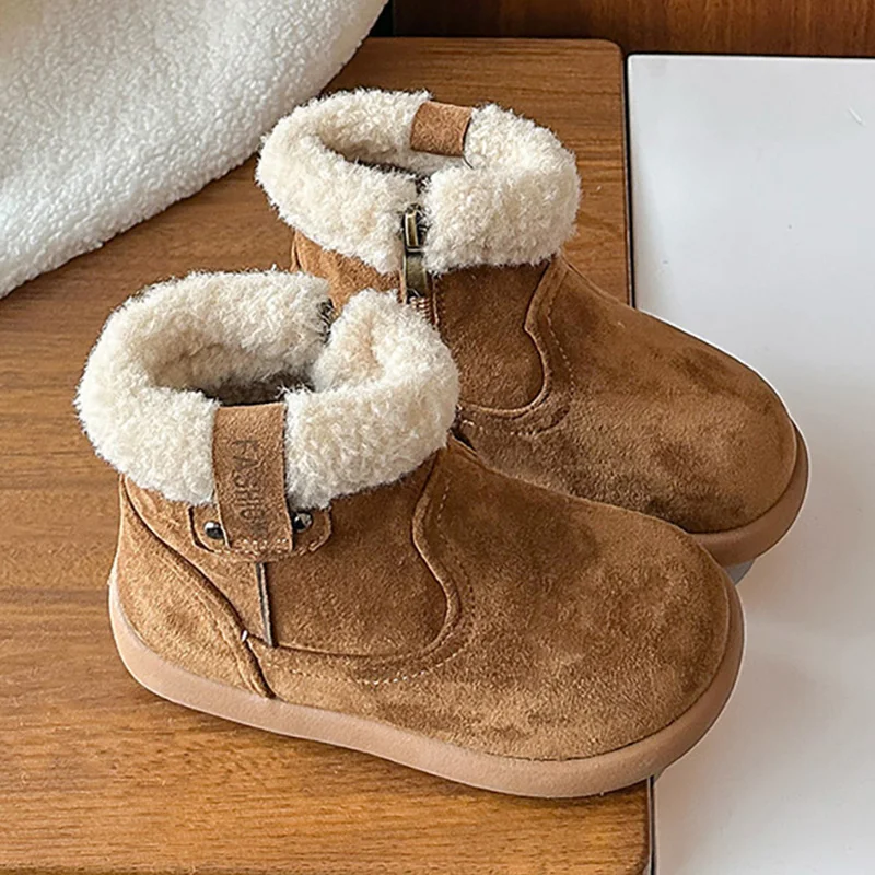 

Зимние ботинки из искусственной кожи для детей, винтажные хлопковые ботинки из искусственного меха для мальчиков и девочек, толстые теплые детские зимние ботинки для подростков, теплые ботинки