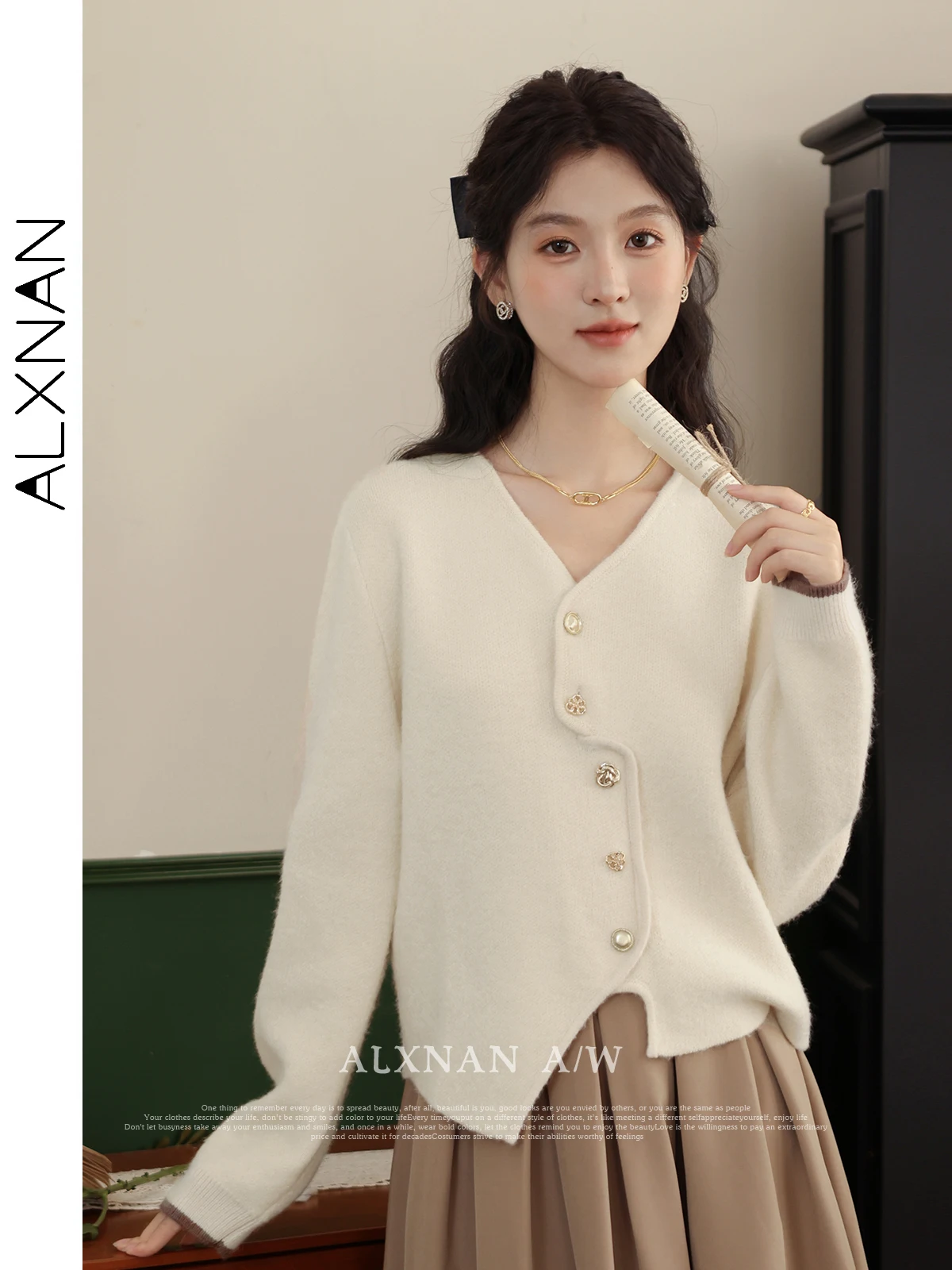 ALXNAN Women's Temperament V-neck Cardigan Irregular Hem Special-shaped Button Contrast Color Cuff 2024 Fall Winter Top LXN31890