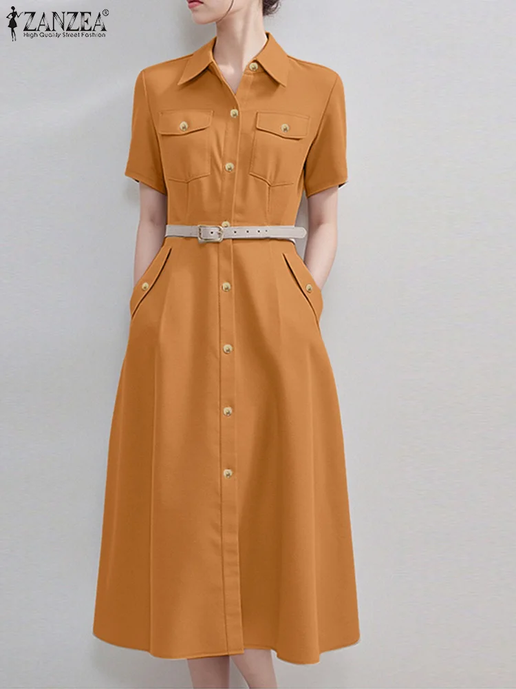 Stylish Summer Overalls Dress 2025 ZANZEA Women Shirt Dress Elegant OL Work Sundress Lapel Neck Short Sleeve Buttons Midi Robe