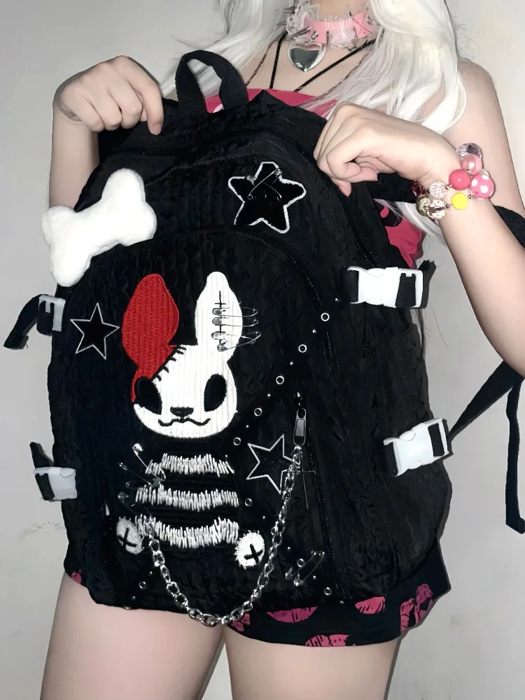 original handmade Devil Rabbit School Bag Cross Chain Star Bone Pin Backpack