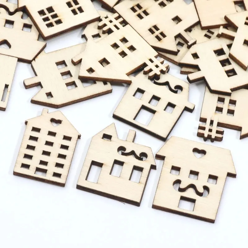 20pcs Mixed House Embellishments Scrapbooking Wooden Slices Handmade for Home Decoration DIY Puzzle Craft Supplies