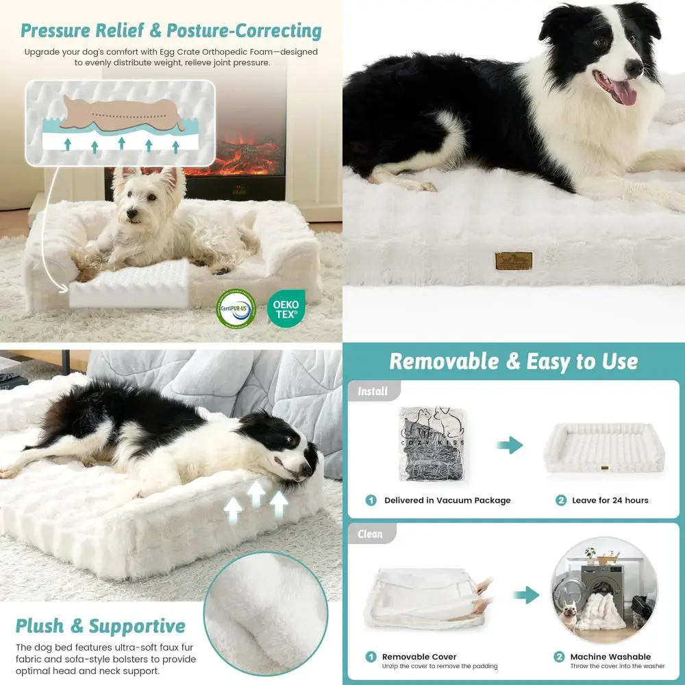 

Ортопедическая кровать для собак из искусственного меха, U-образный диван XL с водонепроницаемым чехлом, противоскользящее основание, бежевый, 42x30x7