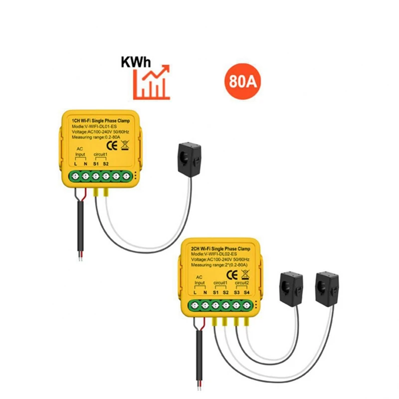 Medidor de energía Wifi Bilateral con abrazadera, Monitor de consumo de energía eléctrica, 80A CT Kwh, compatible con Google Home Alexa y (B), Tuya