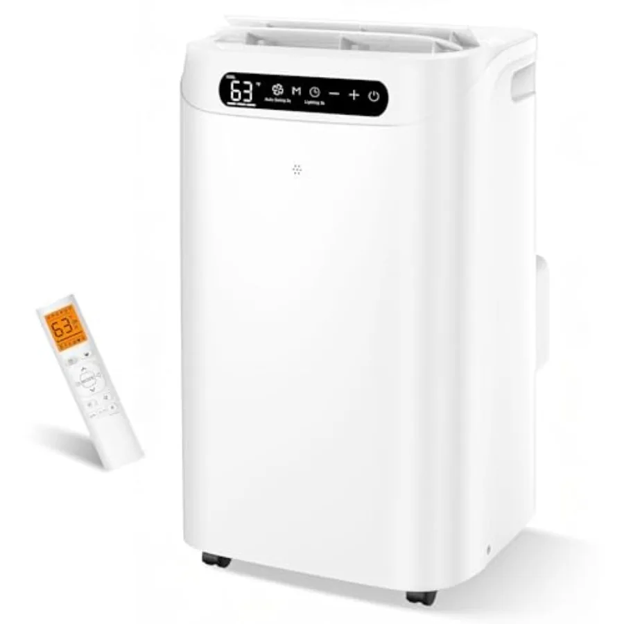 Portable AC for large rooms: 14000 BTU cooling, 700 sq.ft coverage, white plastic unit with quiet sleep mode, 3-in-1 cooling/fa