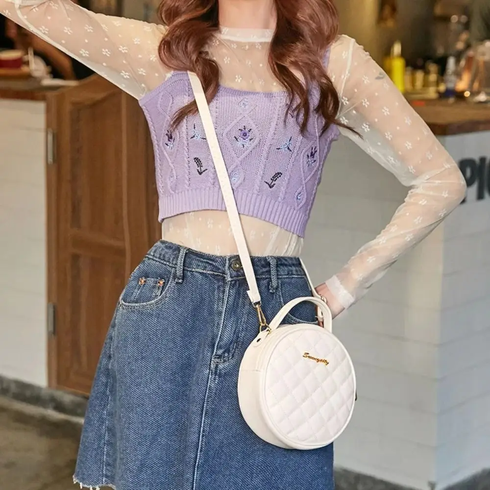Fashion Lingge Embroidered Small Round Bag Solid Color Zipper Women Shoulder Bag PU Leather Crossbody Bag - view 4