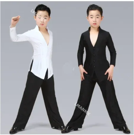 Latin Dance Top Boys Sexy V-Neck Shirt Black Wide Leg Pants Kids Latin Dance Competition Costumes Children Rumba clothes