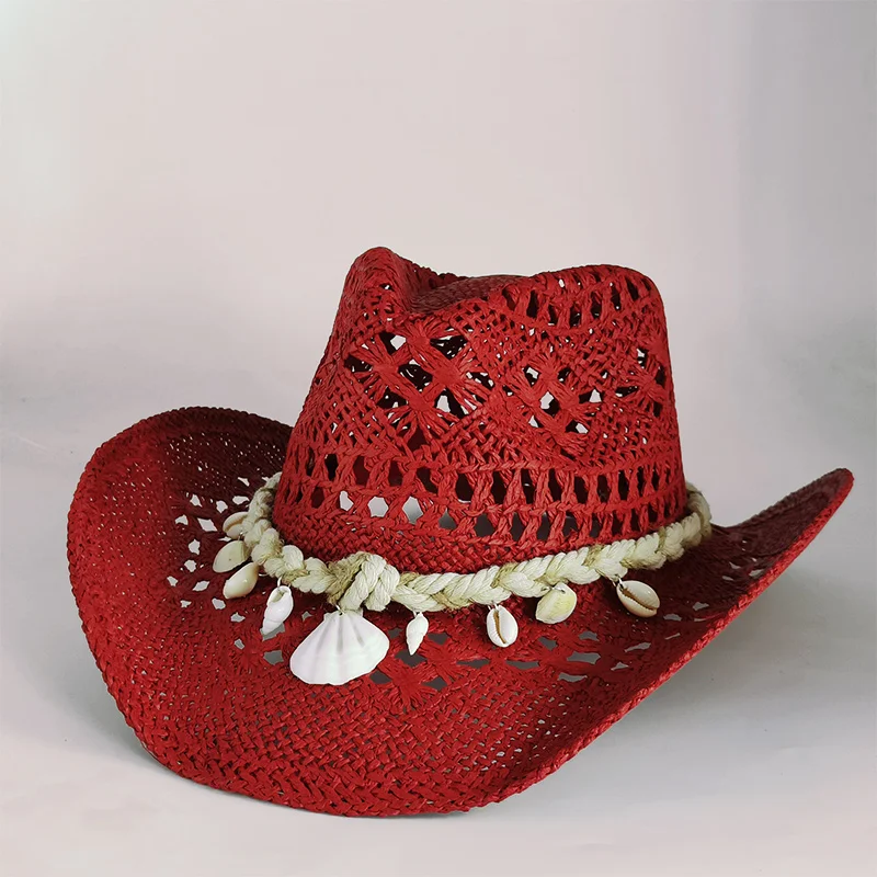 

Men Western Cowboy Straw hat women Fashion Large Brim red straw hat Party Outdoor summer cowgirl Sun Jazz Hat sombrero vaquero