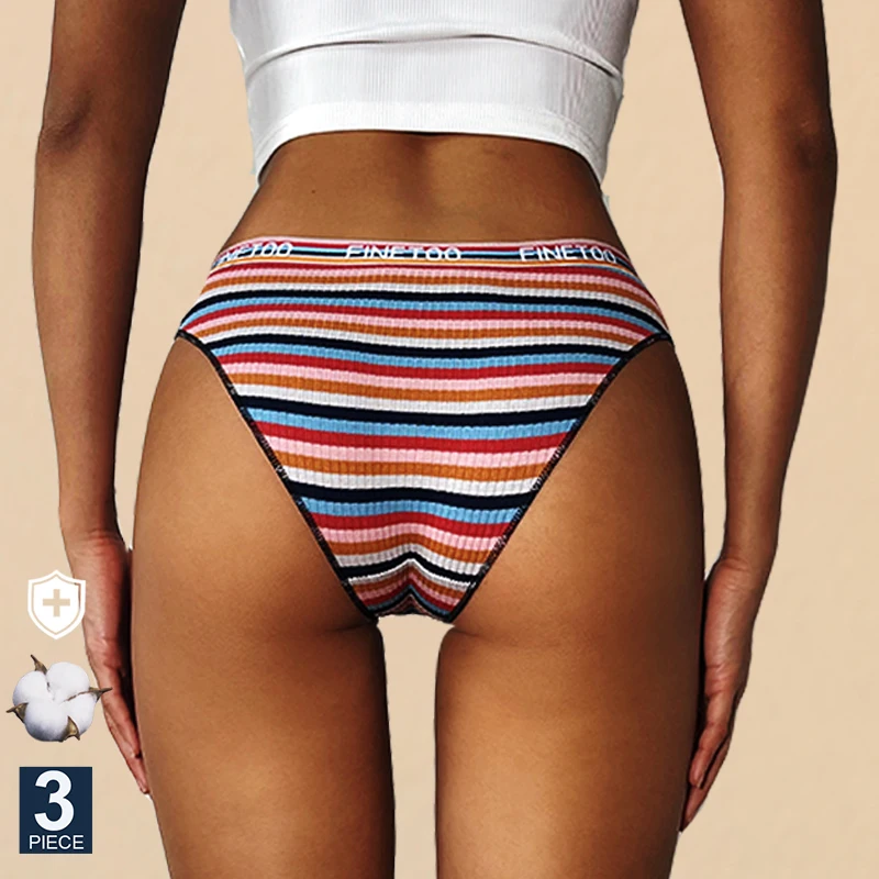 FINETOO 3PCS/Set Women Cotton Seamless Panties for Female M-XL Underwear Panty Sexy Colorful Striped Lingerie Letter Waist Brief