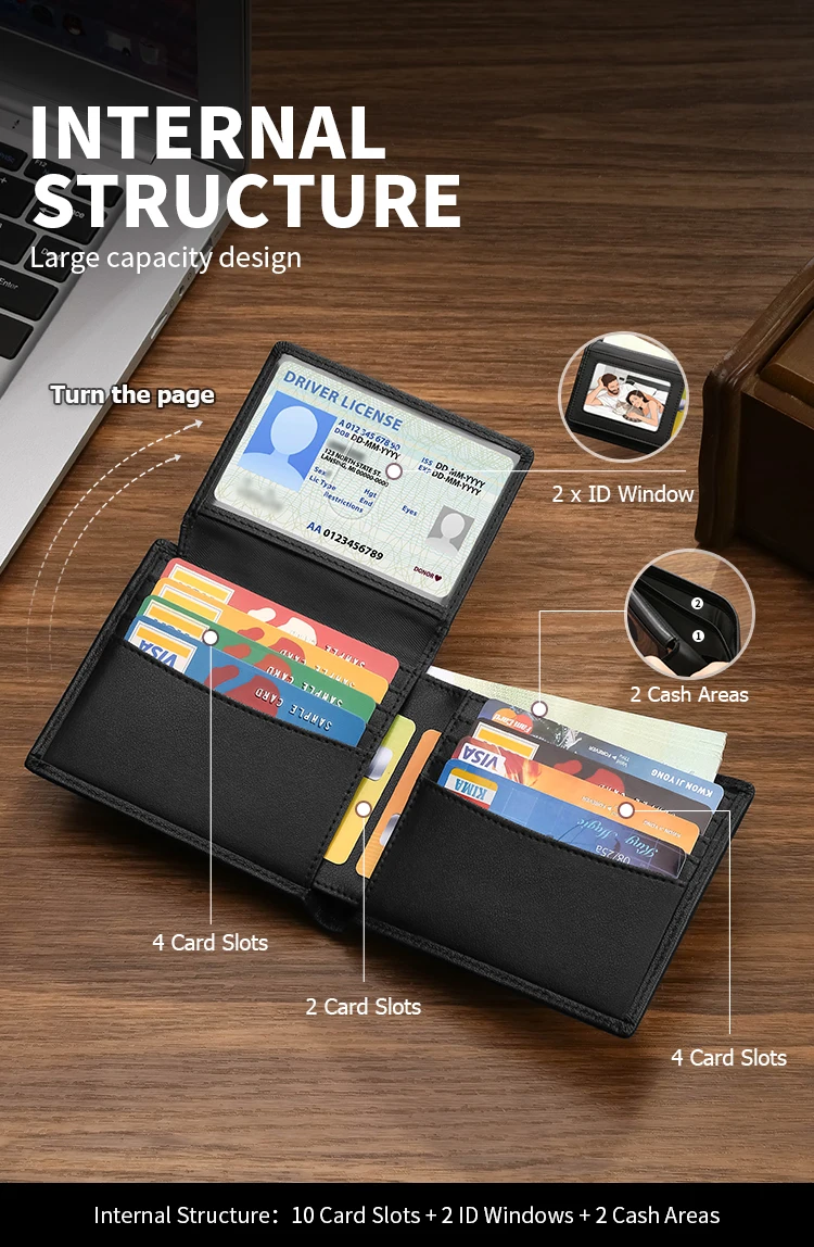Herren-Geldbörse mit RFID-Schutz aus Echtleder, Große Kapazität, Kartenhalter, Integrierte Ultraflache Brieftasche – Detail 4
