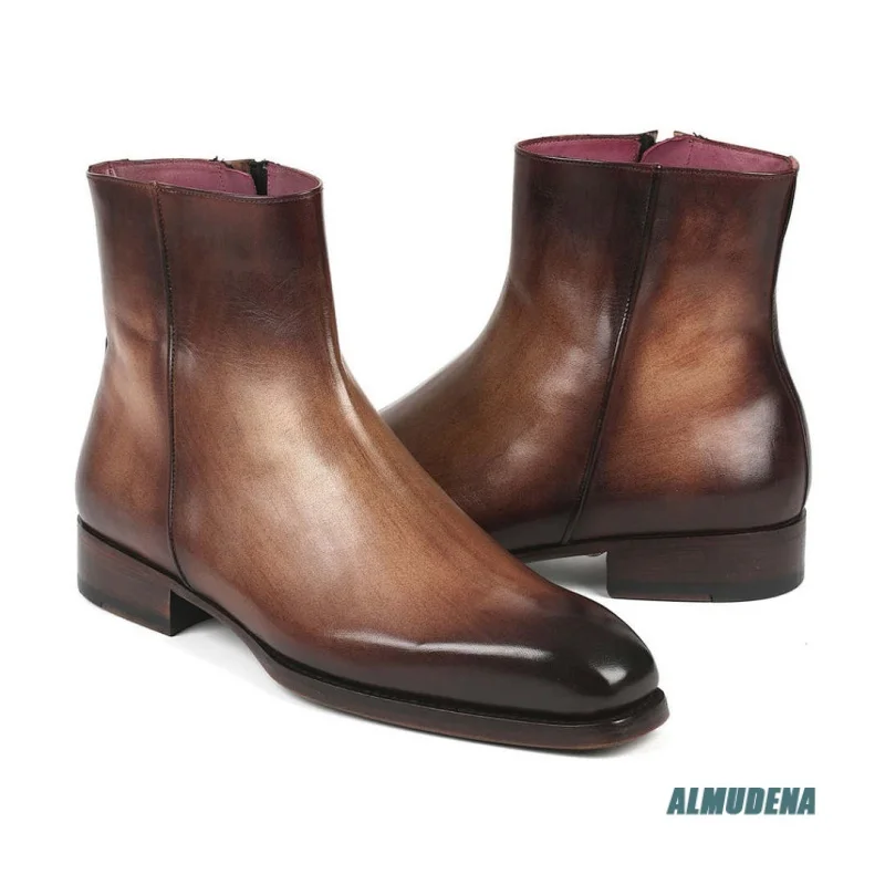 Brown Gradient Polished Leather Chelsea Boots Men Fashion Hidden Side Zipper Spring Autumn New Comfortable Formal Ankle Boots