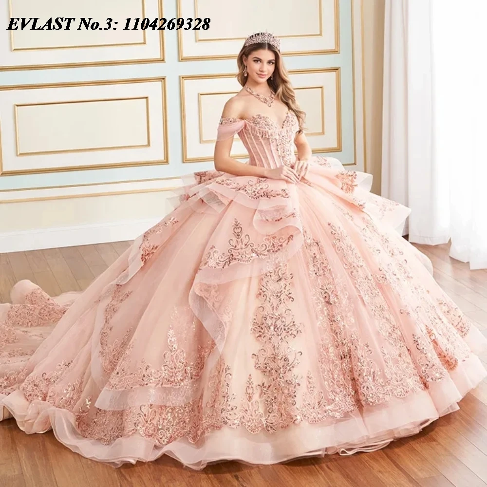 

EVLAST Customized 2025 Blush Pink Quinceanera Dress Ball Gown Sequins Applique Beaded Corset Sweet 16 Vestidos De 15 Anos E3Q93